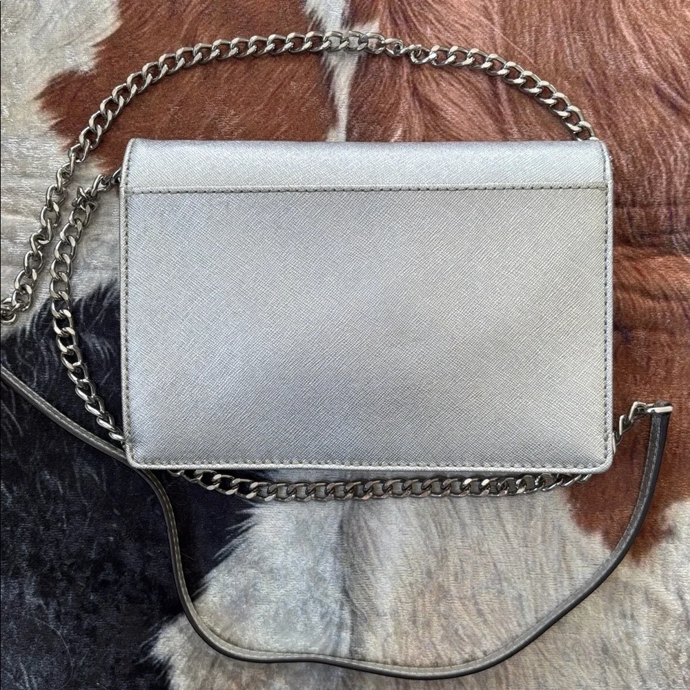 Michael Kors Genuine Leather Lana Wallet Clutch Bag Metallic Silver Crossbody